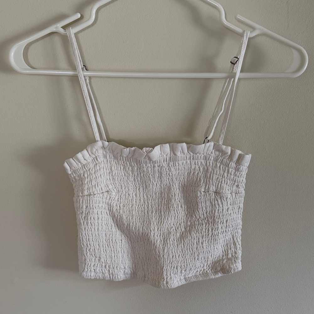 Abercrombie & Fitch White Smocked Crop Top with Ruffle Trim